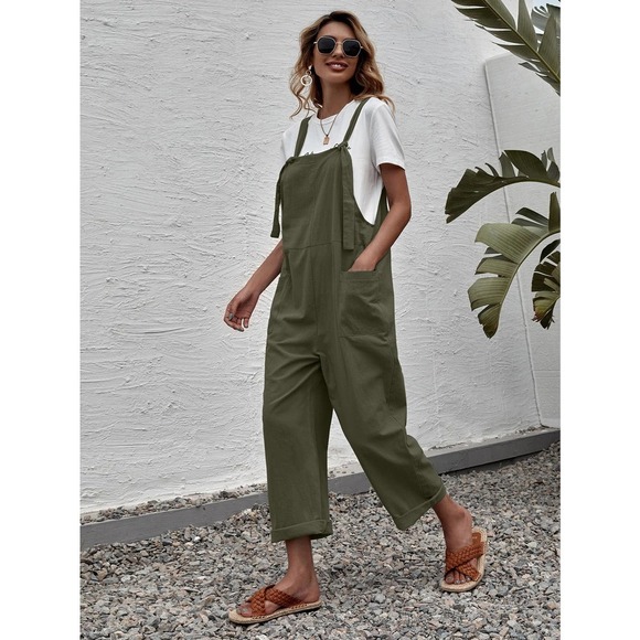 BohoGypsyDreamer.com Pants - Suspender Style Overalls Wide Leg Jumpsuit with pockets boho olive green